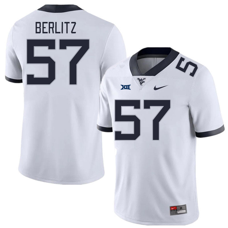 Men #57 Derek Berlitz West Virginia Mountaineers College Football Jerseys Stitched Sale-White - Click Image to Close